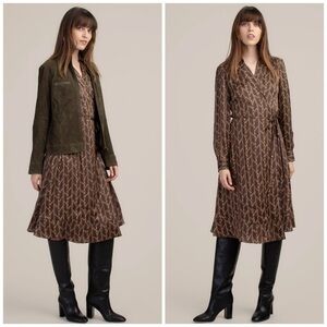 Trina Turk McQueen True Wrap Midi Dress Silk Blend Chainlink Print Long Sleeve L
